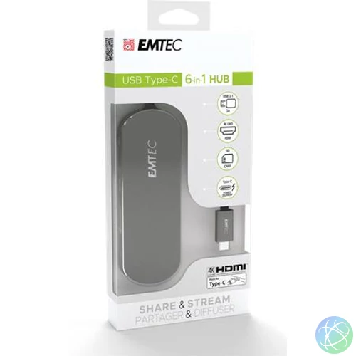 USB elosztó-HUB, USB-C/USB 3.1/HDMI/SD kártya, EMTEC "T650C"
