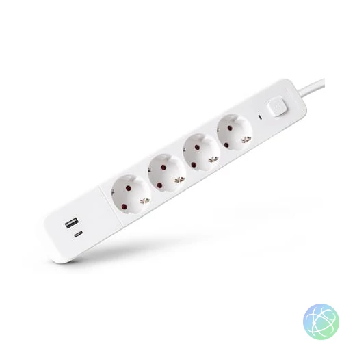 Elosztósor, 4 aljzat, 1,5 m, USB, kapcsolóval, ENTAC, fehér