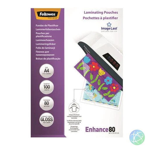 Meleglamináló fólia, 80 mikron, A4, fényes, 100 db, FELLOWES