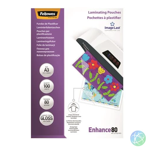 Meleglamináló fólia, 80 mikron, A3, fényes, 100 db, FELLOWES