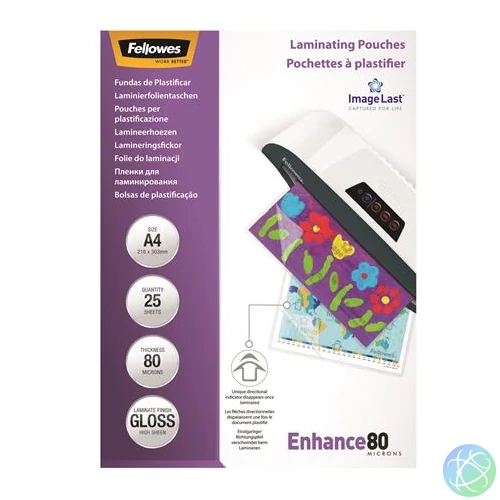 Meleglamináló fólia, 80 mikron, A4, fényes, 25 db, FELLOWES