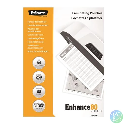 Meleglamináló fólia, 80 mikron, A4, fényes, 250 db, FELLOWES
