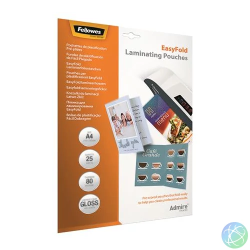 Meleglamináló fólia, 80 mikron, A4, fényes, 25 db, FELLOWES "Admire Easyfold"