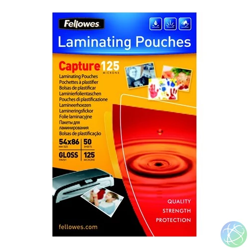 Meleglamináló fólia, 125 mikron, 54x86 mm, fényes, 50 db, FELLOWES