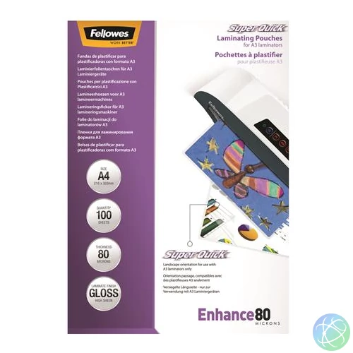 Meleglamináló fólia, 80 mikron, A4, SuperQuick, fényes, 100 db, FELLOWES