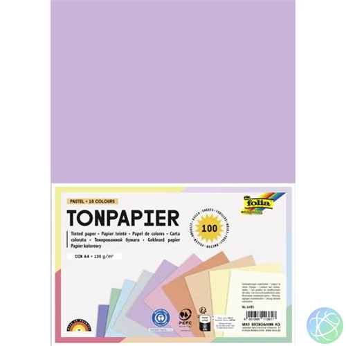 Színes papír, A4, 130 g, 10x10 lap, FOLIA, „Pastel”, vegyes színek