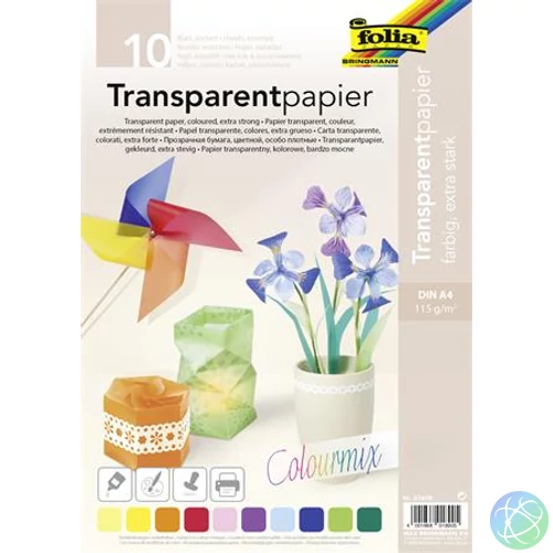 Transzparens papír, A4, 115 g, 10 lap, FOLIA, vegyes színek