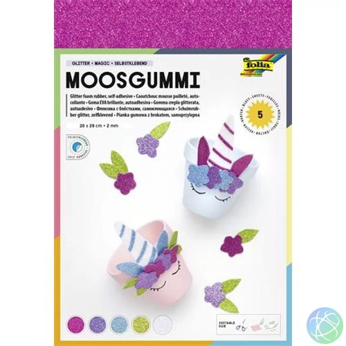 Moosgumi, öntapadó, csillámos, 20x29 cm, 5 lap, FOLIA "Magic", 5 különböző szín