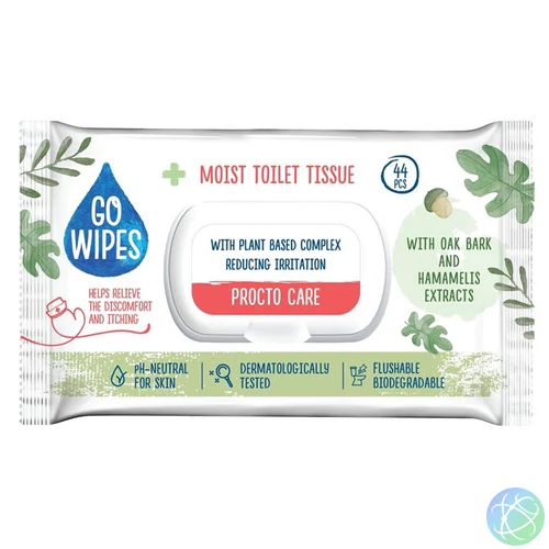 Toalettpapír, nedves, visszazárható tetővel, 44 db, GO WIPES "Procto Care"