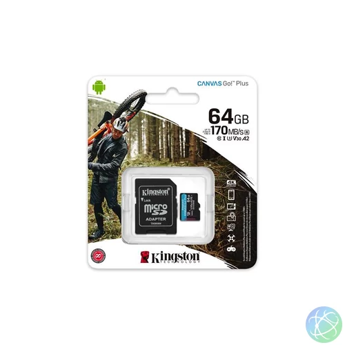 Memóriakártya, microSDXC, 64GB, C10/UHS-I/U3/V30/A2, adapter, KINGSTON "Canvas Go! Plus"