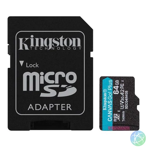 Memóriakártya, microSDXC, 64GB, C10/UHS-I/U3/V30/A2, Gen4, adapter, KINGSTON "Canvas Go! Plus"