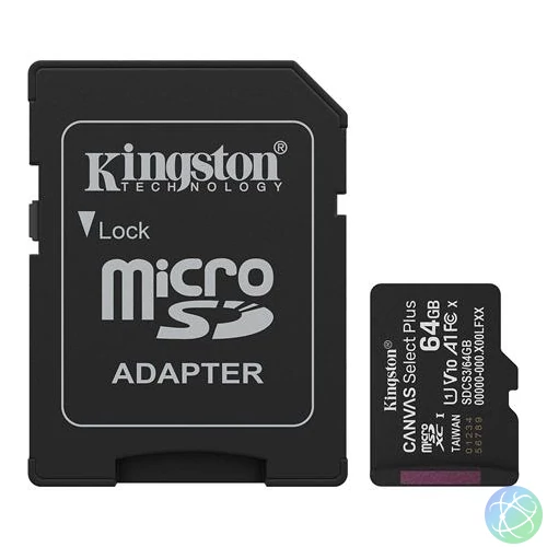 Memóriakártya, microSDXC, 64GB, C10/UHS-I/U1/V10/A1, Gen3, adapter, KINGSTON "Canvas Select Plus"