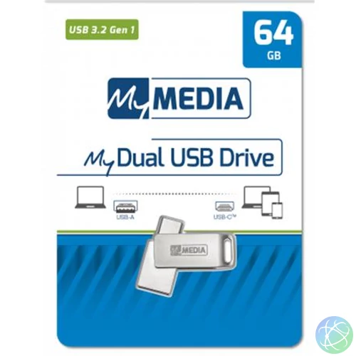 Pendrive, 64GB, USB 3.2 Gen1 + USB-C, alumínium ház, MYMEDIA "Dual" (by VERBATIM)
