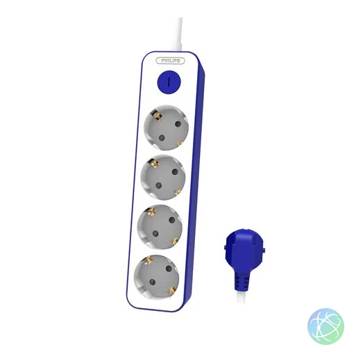 Elosztósor, 4 csatlakozóaljzat, 1,5 m kábel, PHILIPS, fehér-kék