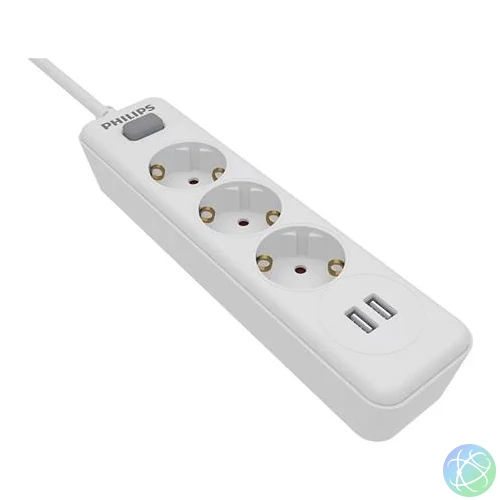 Elosztósor, 3 csatlakozóaljzat, 2xUSB-A, 2 m kábel, PHILIPS, fehér