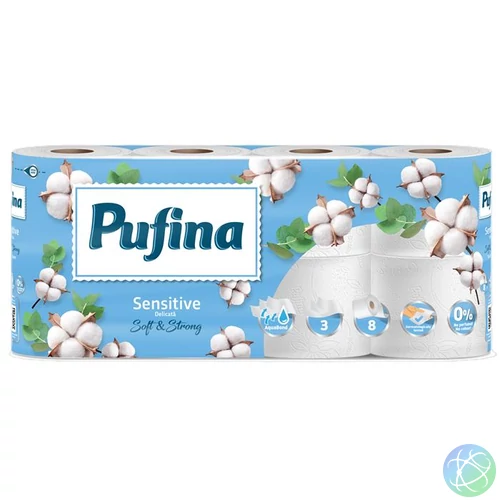 Toalettpapír, 3 rétegű, kistekercses, 8 tekercs, PUFINA "Sensitive Aquabond", illatmentes