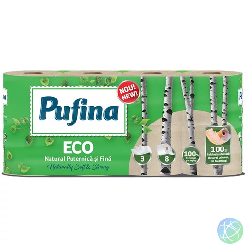 Toalettpapír, 3 rétegű, kistekercses, 8 tekercs, PUFINA "Eco", fehérítetlen és vegyszermentes