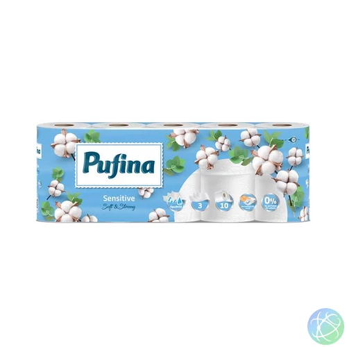 Toalettpapír, 3 rétegű, kistekercses, 10 tekercs, PUFINA "Sensitive Aquabond", illatmentes
