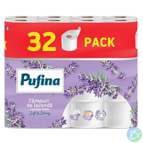 Toalettpapír, 3 rétegű, kistekercses, 32 tekercs, PUFINA "Lavender Fields", levendula illattal