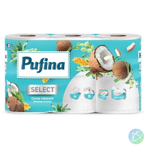 Toalettpapír, 4 rétegű, kistekercses, 6 tekercs, PUFINA "Relaxing Coconut", kókusz illattal