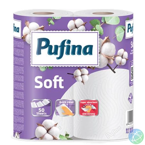 Háztartási papírtörlő, 2 rétegű, 50 lap, 2 tekercses, PUFINA "Soft"