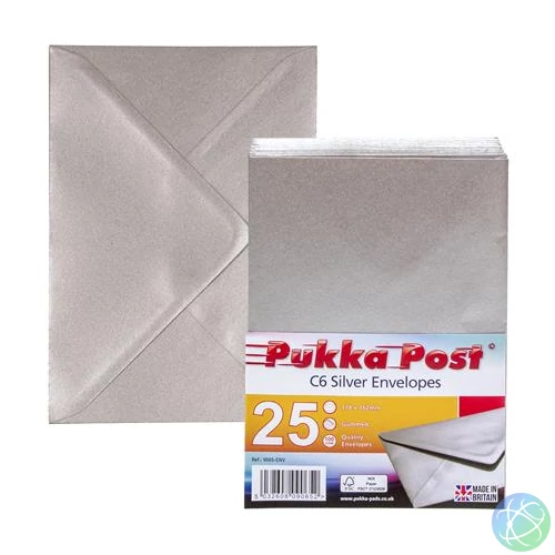 Boríték, C6, enyvezett, PUKKA PAD "Silver", ezüst