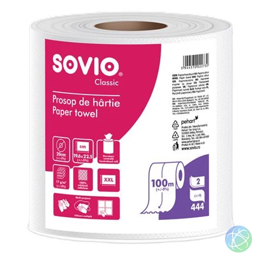 Törlőpapír, tekercses, 100 m, 20 cm átmérő, 2 rétegű, SOVIO, hófehér