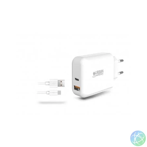 Hálózati töltő, 1xUSB-A (18W), 1xUSB-C (45W), USB-A–USB-C kábel, URBAN FACTORY