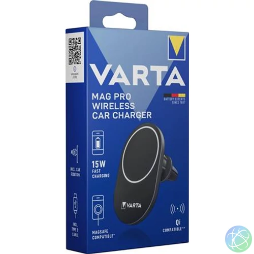 Autós tartó és töltő, Qi/USB-C PD, 15W, VARTA "Mag Pro"