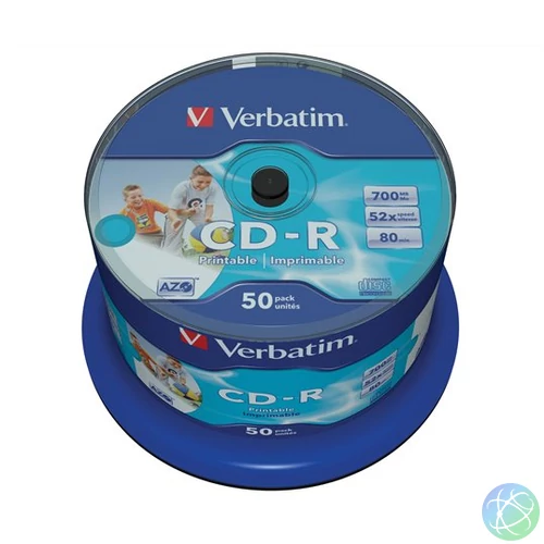 CD-R lemez, nyomtatható, matt, no-ID, AZO, 700MB, 52x, 50 db, hengeren, VERBATIM