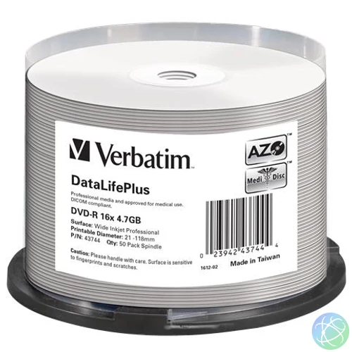 DVD-R lemez, nyomtatható, matt, no-ID, 4,7GB, 16x, 50 db, hengeren, VERBATIM