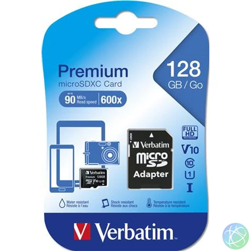Memóriakártya, microSDXC, 128GB, CL10/U1, 90/10 MB/s, adapter, VERBATIM "Premium"