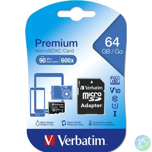 Memóriakártya, microSDXC, 64GB, CL10/U1, 90/10 MB/s, adapter, VERBATIM "Premium"