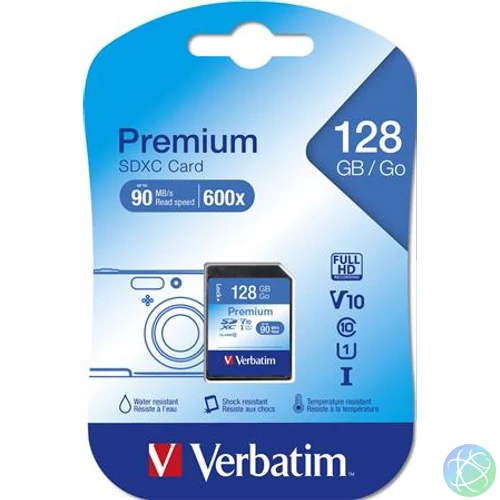 Memóriakártya, SDXC, 128GB, CL10/U1, 90/10 MB/s, VERBATIM "Premium"