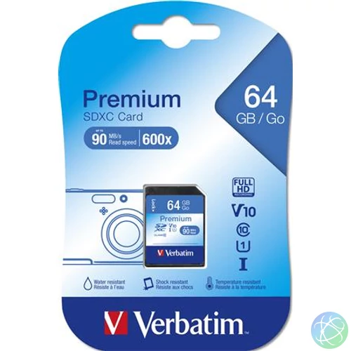 Memóriakártya, SDXC, 64GB, CL10/U1, 90/10 MB/s, VERBATIM "Premium"