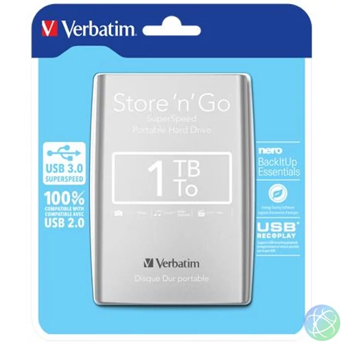 2,5" HDD (merevlemez), 1TB, USB 3.0, VERBATIM, ezüst