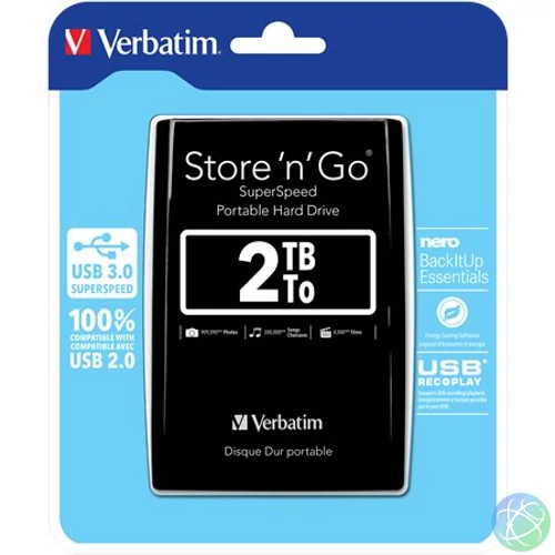 2,5" HDD (merevlemez), 2TB, USB 3.0, VERBATIM, fekete