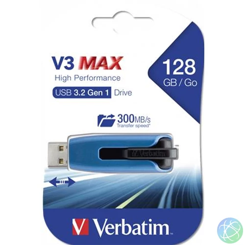 Pendrive, 128GB, USB 3.2, 175/80 MB/s, VERBATIM "V3 MAX", kék-fekete