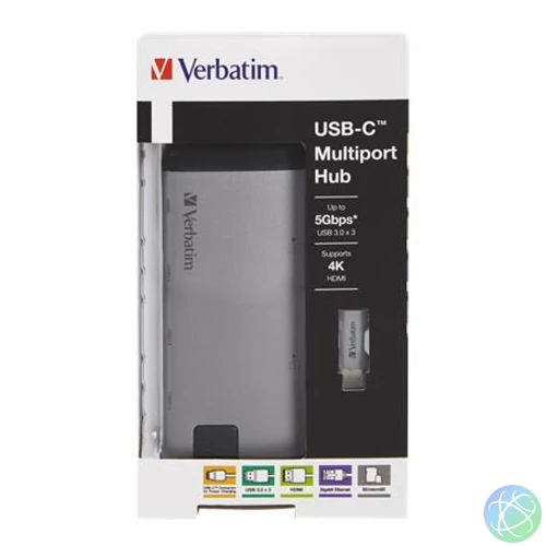 USB elosztó-HUB, USB-C/USB 3.0/HDMI/Ethernet/SD/microSD, VERBATIM