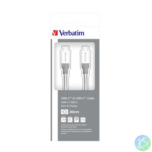 USB kábel, USB-C 3.1 - USB-C, 30 cm, VERBATIM, ezüst