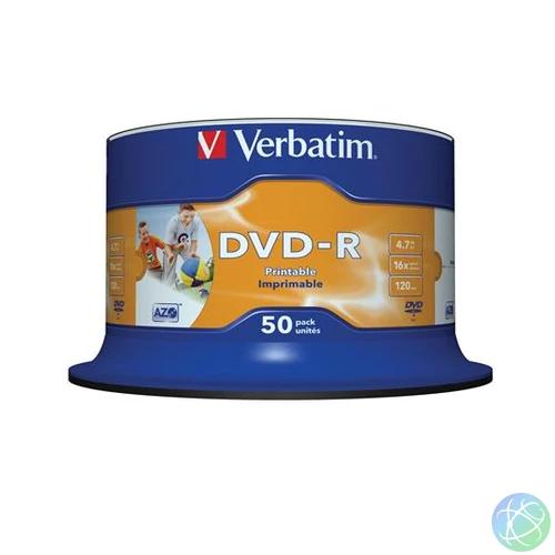 DVD-R lemez, nyomtatható, matt, no-ID, 4,7GB, 16x, hengeren, VERBATIM