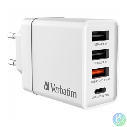 Hálózati töltő, 1xUSB-C PD (20W), USB-A QC 3.0, 2xUSB-A (10W), VERBATIM, fehér
