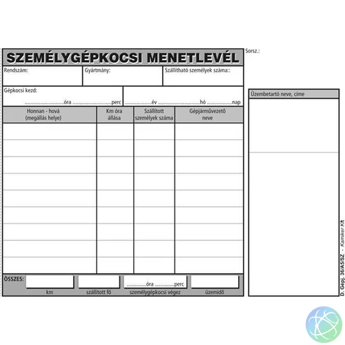 Nyomtatvány, menetlevél, személygépkocsi, 100 lap, A5, fekvő, VICTORIA PAPER, "D.GÉPJ.36.", 10 tömb/csomag