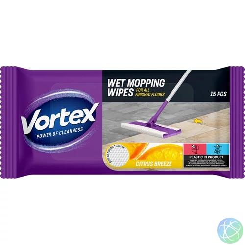 Nedves padlótörlő kendő, 15 db, VORTEX, citrom ilattal