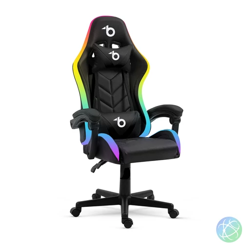 RGB LED-es gamer szék, karfával, párnával, fekete