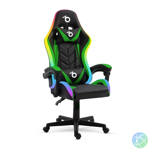 RGB LED-es gamer szék, karfával, párnával, fekete / zöld