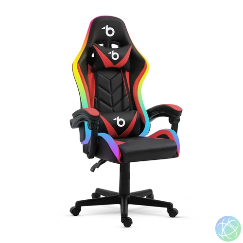 RGB LED-es gamer szék, karfával, párnával, fekete / piros