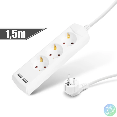 Elosztó 3-as, 3 x 1,5 mm2, 1,5 m, 2 x USB-vel