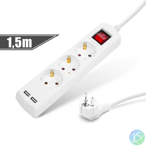 Elosztó 3-as, 3 x 1,5 mm, 1,5 m, 2 x USB-vel, kapcsolós