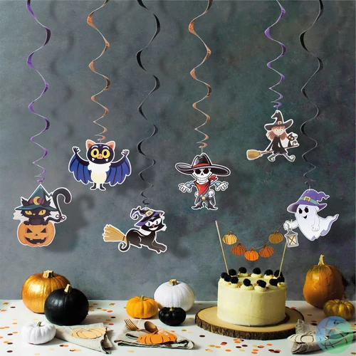 Halloween-i dekoráció szett, 6 féle motívum, csillogó spriál akasztóval